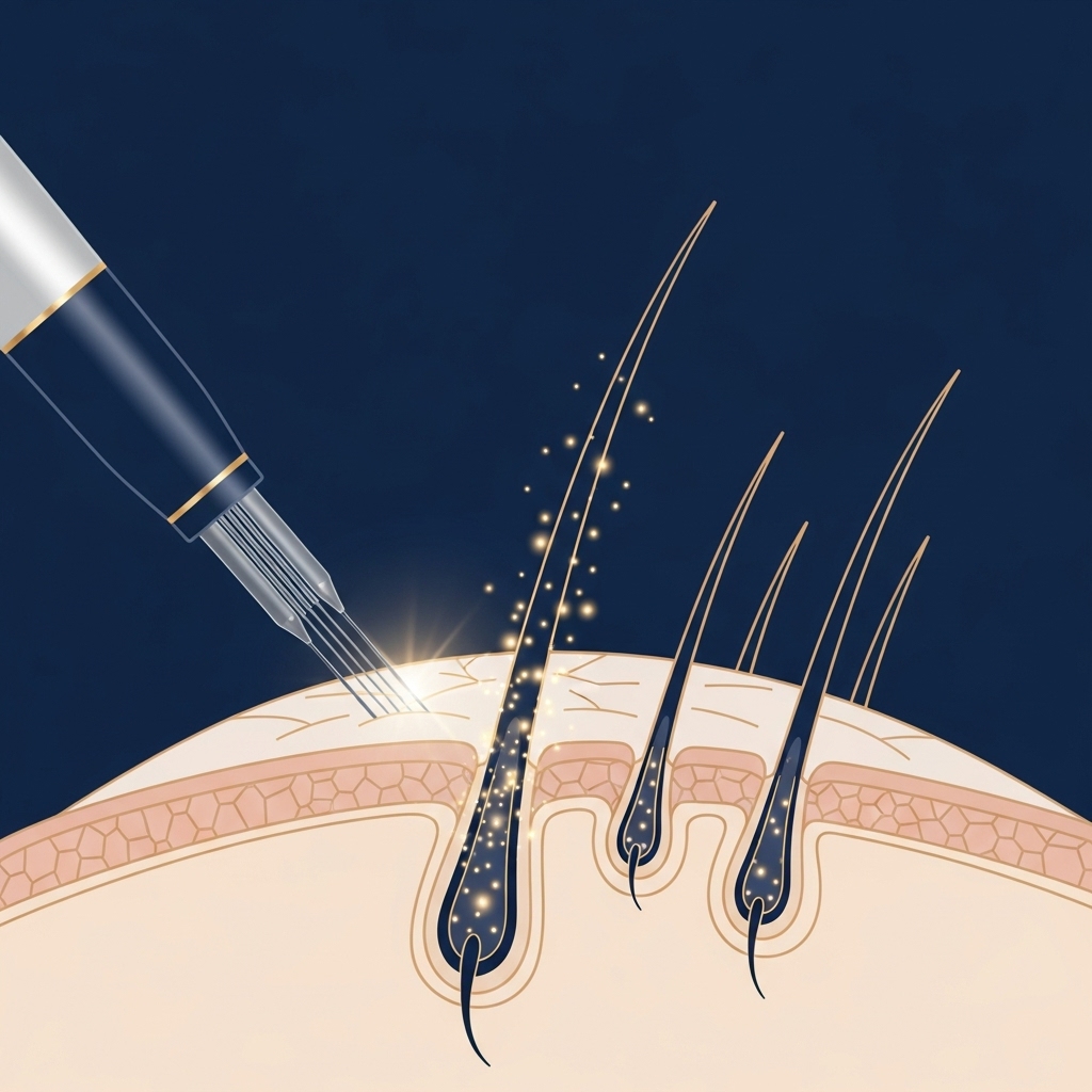 Illustration of scalp microneedling stimulating hair follicles